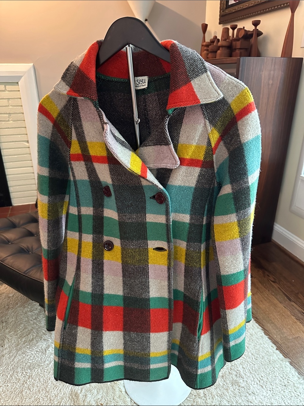 Siyu Multicolor Plaid 100% Marino Wool, Double-Breasted Coat